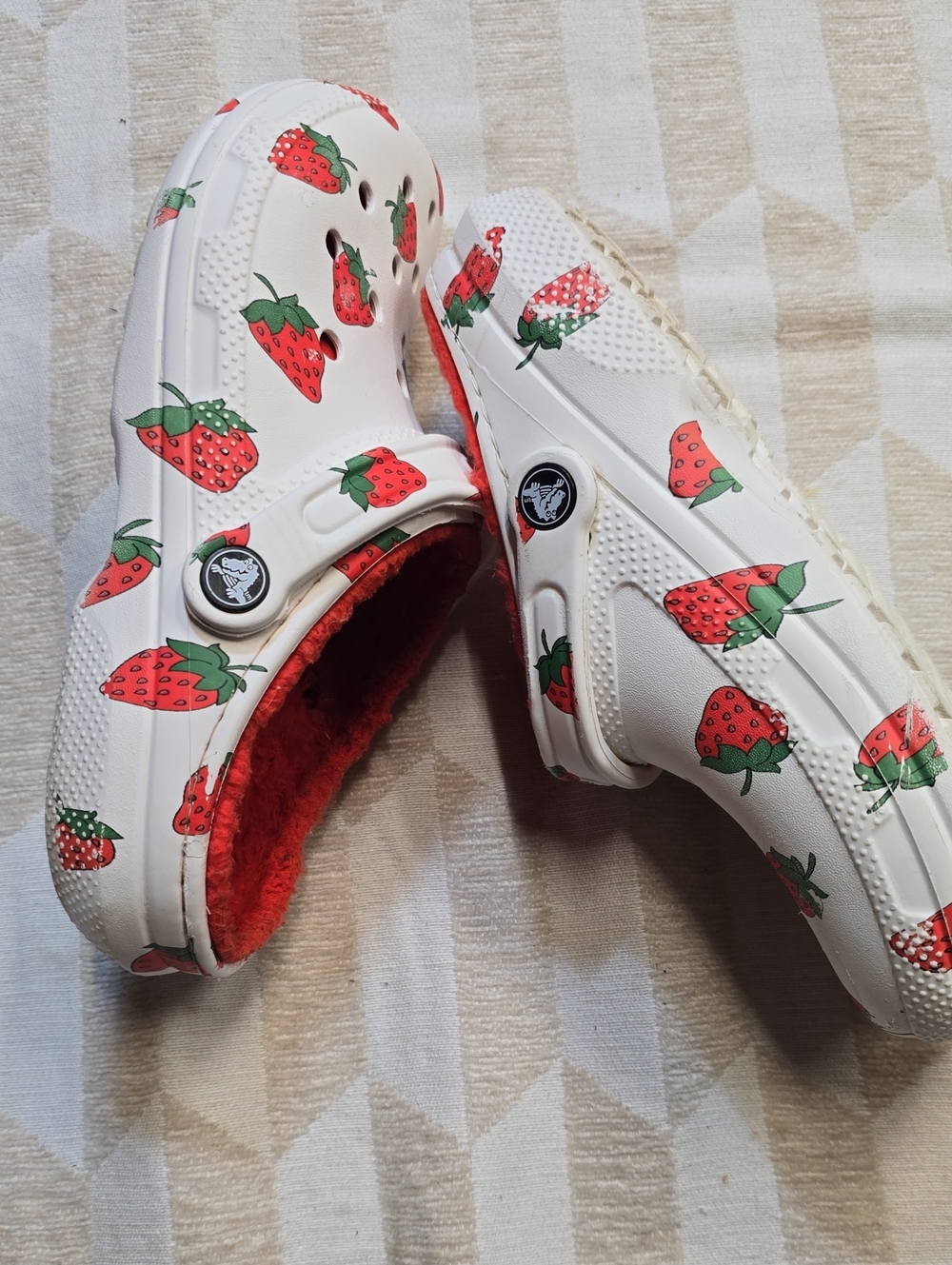 CROCS White Clogs with Red Strawberry Print and Red Lining